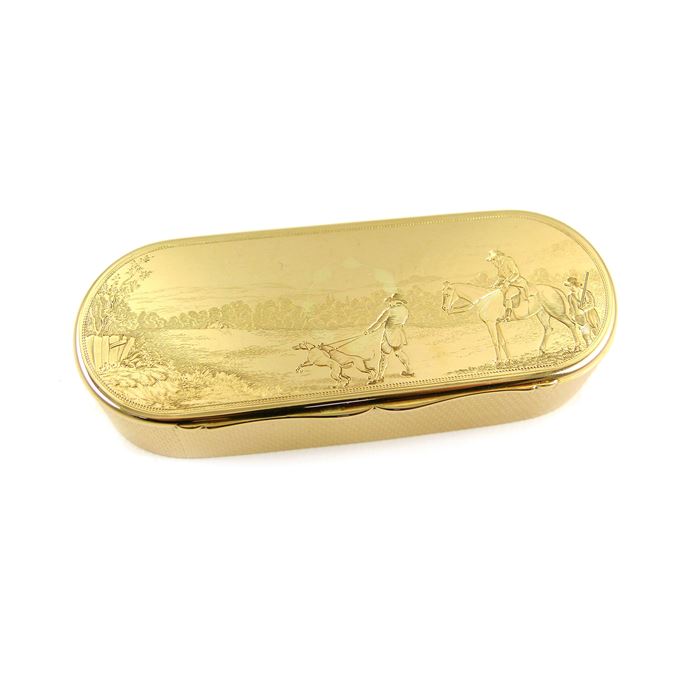 Victorian 18ct gold oblong box with hunting scene | MasterArt